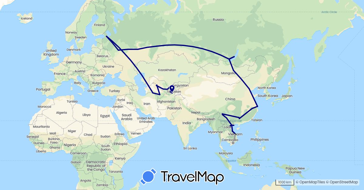 TravelMap itinerary: driving, bus, plane, motorbike in China, Mongolia, Russia, Tajikistan, Turkmenistan, Uzbekistan, Vietnam (Asia, Europe)